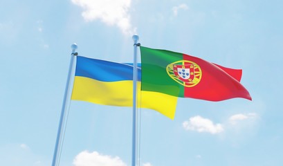 Portugal and Ukraine, two flags waving against blue sky. 3d image