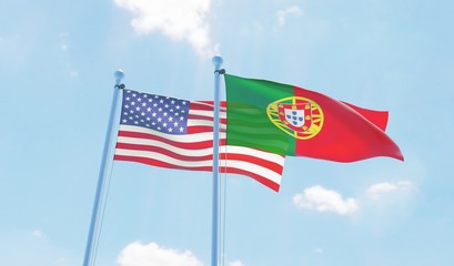 Portugal and USA, two flags waving against blue sky. 3d image