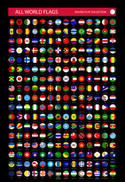 Flat Round Icons Of All World Flags Isolated On Black Background