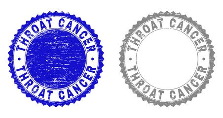 Grunge THROAT CANCER stamp seals isolated on a white background. Rosette seals with grunge texture in blue and gray colors. Vector rubber stamp imitation of THROAT CANCER tag inside round rosette.