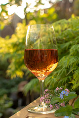 One cold rose wine glass served on outdoor terrace in garden with flowers