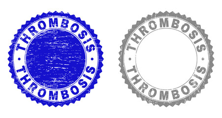 Grunge THROMBOSIS stamp seals isolated on a white background. Rosette seals with grunge texture in blue and gray colors. Vector rubber stamp imprint of THROMBOSIS title inside round rosette.