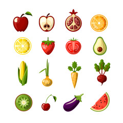 Healthy food colored flat icon set. Fruits and vegetables in one set, colored flat fresh healthy food icons, vector illustration. Healthy food Icon Set isolated on white background. Tomato, kiwi
