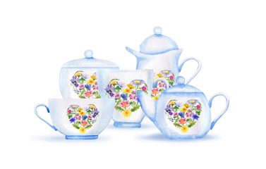 Watercolor floral tea set with shadows on white