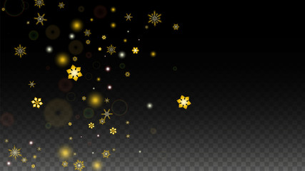 Christmas  Vector Background with Gold Falling Snowflakes Isolated on Transparent Background. Realistic Snow Sparkle Pattern. Snowfall Overlay Print. Winter Sky. Design for Party Invitation.