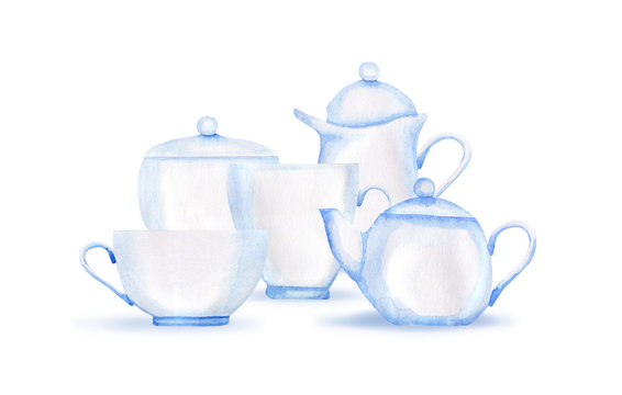 Watercolor Tea Set With Shadows On White Background