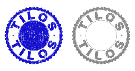 Grunge TILOS watermarks isolated on a white background. Rosette seals with grunge texture in blue and grey colors. Vector rubber stamp imitation of TILOS text inside round rosette.