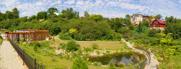 Vladimir, Russia - July 07, 2018: A picturesque panoramic view with a lake and a beautiful staircase in the Patriarchal Garden.