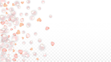Vector Realistic Petals and Hearts Confetti. Flying Sakura and Hearts on Transparent Background. Wedding Invitation Background. Spring Romance Poster. Vector Illustration for Anniversary Design.