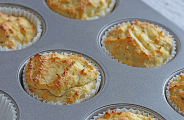 Chicken muffins baked in the oven. Healthy protein snacks. Proper, healthy food concept.