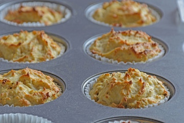 Chicken diet muffins baked in the oven. Healthy protein snacks. Proper, healthy food concept.