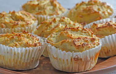 Chicken diet muffins baked in the oven. Healthy protein snacks. Proper, healthy food concept.