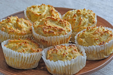 Chicken diet muffins baked in the oven. Healthy protein snacks. Proper, healthy food concept.