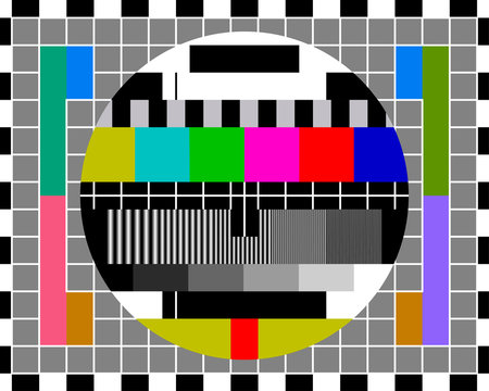 Test card TV with rainbow colored stripes and geometric signals.