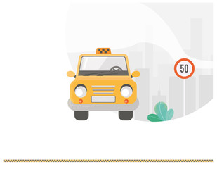 Public taxi web banner (isolated art) web concept.  Taxi like main character on background urban city, Sign. Urban taxi service. Sweet style. Flat vector illustration with noise. 