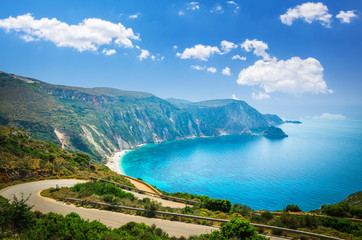 Petani beach, Kefalonia island, Greece. Stunning view of Petani bay in Greek island of Cephalonia.