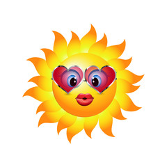 Cartoon sun sending a kiss. Emoticon with heart-shaped trend sunglasses. Vector 3d illustration