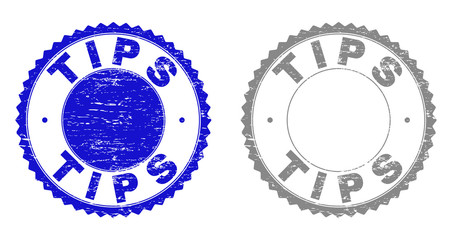 Grunge TIPS stamp seals isolated on a white background. Rosette seals with grunge texture in blue and grey colors. Vector rubber stamp imprint of TIPS text inside round rosette.