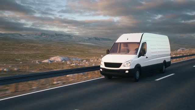 Camera follows a white delivery van driving along a desert highway into the sunset. Realistic high quality 3d animation.