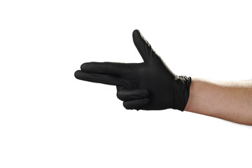 Male hand in black rubber gloves, symbol, sign or gesture. On a white isolate background.