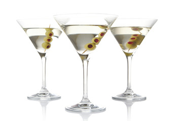 Russian martinis with vodka & olives isolated on white