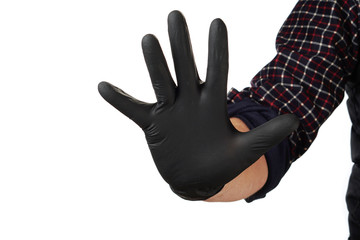 Male hand in black rubber gloves, symbol, sign or gesture. On a white isolate background.