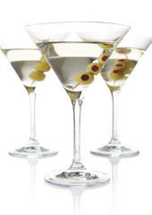Russian martinis with vodka & olives isolated on white