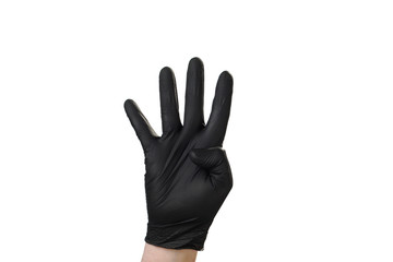 Male hand in black rubber gloves, symbol, sign or gesture. On a white isolate background.