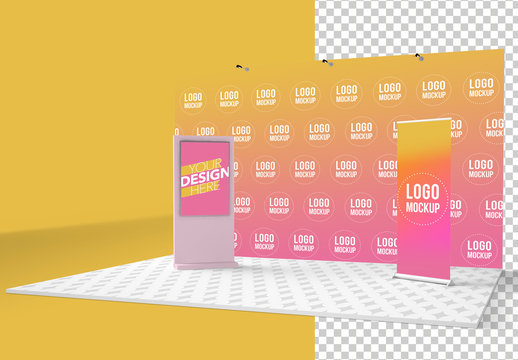 Kiosk with Banners and Background Mockup