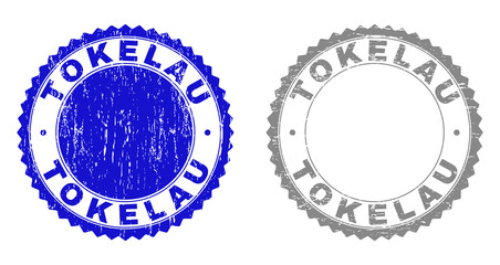 Grunge TOKELAU stamp seals isolated on a white background. Rosette seals with grunge texture in blue and grey colors. Vector rubber stamp imprint of TOKELAU text inside round rosette.