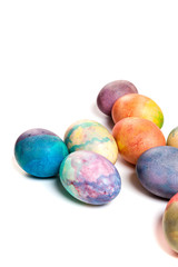 Group of easter painted eggs on white background