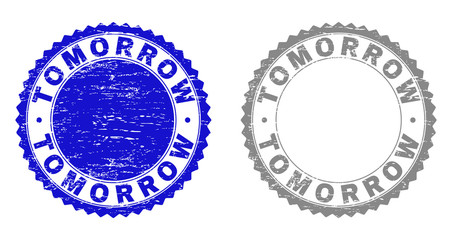 Grunge TOMORROW stamp seals isolated on a white background. Rosette seals with grunge texture in blue and grey colors. Vector rubber stamp imprint of TOMORROW label inside round rosette.