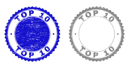Grunge TOP 10 watermarks isolated on a white background. Rosette seals with grunge texture in blue and grey colors. Vector rubber overlay of TOP 10 label inside round rosette.