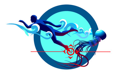 Logo of swimmer, and medusa in sea waves. Men got hurt from jellyfish. Danger of burn poison