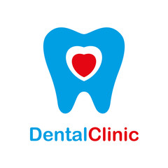 Obraz premium Dental clinic logo. Tooth abstract with red heart, vector template design. Dentist dentistry doctor icon logo concept