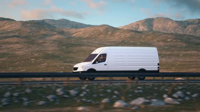 Side-view camera follows a white delivery van driving along a desert highway into the sunset. Realistic high quality 3d animation.