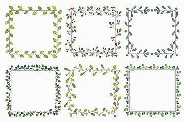 Hand drawn set of different floral vector wreath with green leaves, herbs forest, cute square rustic frame. Illustration for greeting card, wedding invitation, logo, poster, tag.