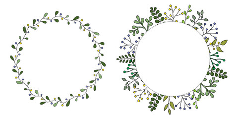 Hand drawn set of floral vector wreath with green leaves, herbs forest round, cute rustic frame border print. Illustration for greeting card, wedding invitation, logo, poster, tag, label.