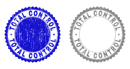 Grunge TOTAL CONTROL stamp seals isolated on a white background. Rosette seals with grunge texture in blue and gray colors. Vector rubber stamp imitation of TOTAL CONTROL title inside round rosette.