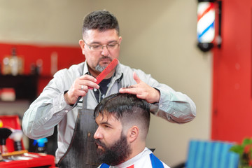 Handsome bearded man getting haircut by hairdresser at the barber shop .