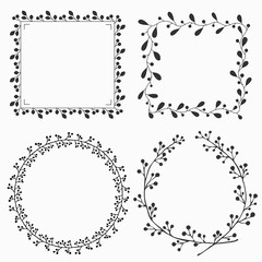 Hand drawn set of floral vector black wreath.  Round and square frames. Illustration for greeting card, wedding invitation, logo, poster, tag, label.