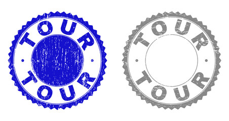 Grunge TOUR stamp seals isolated on a white background. Rosette seals with grunge texture in blue and grey colors. Vector rubber stamp imprint of TOUR tag inside round rosette.