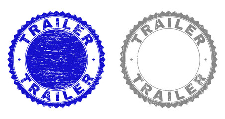 Grunge TRAILER stamp seals isolated on a white background. Rosette seals with grunge texture in blue and gray colors. Vector rubber overlay of TRAILER tag inside round rosette.