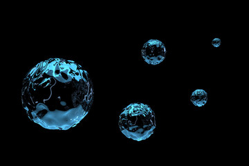 Water has the form of drops without gravity. 3D rendering.