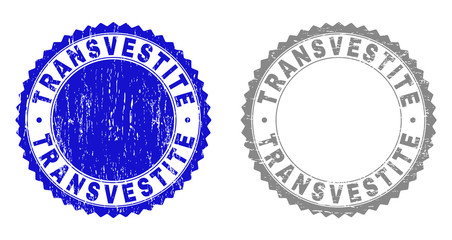 Grunge TRANSVESTITE stamp seals isolated on a white background. Rosette seals with grunge texture in blue and gray colors. Vector rubber stamp imprint of TRANSVESTITE text inside round rosette.