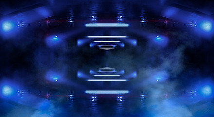 Fototapeta premium Streszczenie niebieskim tle, portal, korytarz. Abstrakcyjne światło, promienie, neon, reflektory. Scena pustej przestrzeni.