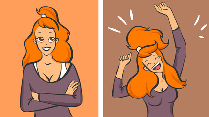 Young redhead woman calm then very happy, vector illustration