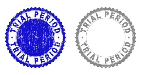 Grunge TRIAL PERIOD stamp seals isolated on a white background. Rosette seals with grunge texture in blue and gray colors. Vector rubber stamp imitation of TRIAL PERIOD caption inside round rosette.