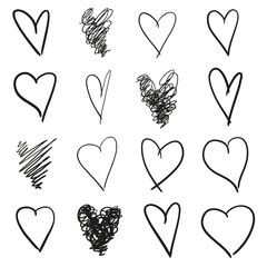 Hand drawn grunge hearts on isolated white background. Set of love signs. Unique image for design. Black and white illustration. Elements for design