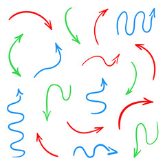 Hand drawn colored arrows on white. Abstract pointers. Line art creative. Set of different signs. Colorful illustration. Doodles for artwork